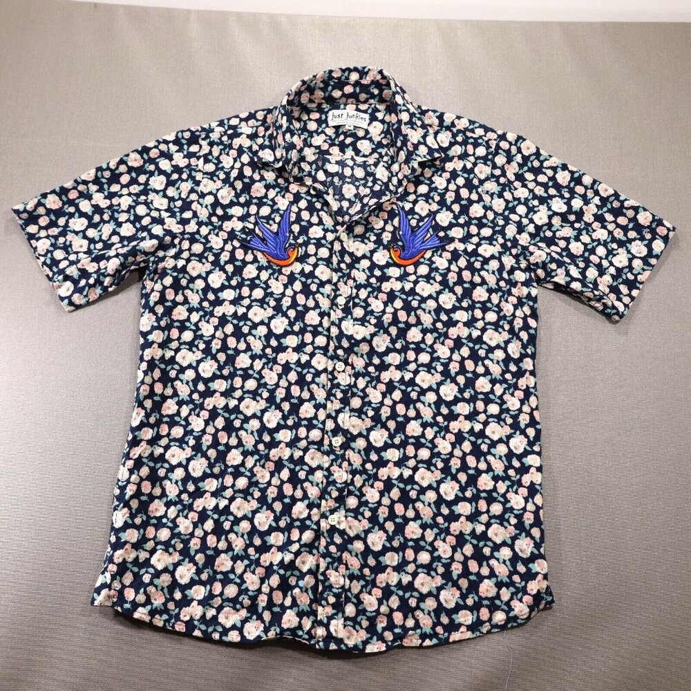 Just Junkies Mens Button Up Shirt Floral Pattern with Bird Patches OOAK